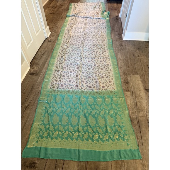 Indian WOMENS PRE-OWNED VINTAGE  WHITE/GREEN Pure Chanderi SILK SAREE SARI CRAFT - Picture 1 of 17